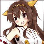  &gt;:d 1girl :d bare_shoulders blush brown_eyes brown_hair bust detached_sleeves hachimi headgear highres japanese_clothes kantai_collection kongou_(kantai_collection) nontraditional_miko open_mouth smile solo white_background 
