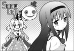  2girls :d akemi_homura black_hair bow greyscale hairband long_hair looking_at_another mahou_shoujo_madoka_magica mahou_shoujo_madoka_magica_movie momoe_nagisa monochrome multiple_girls nibi open_mouth polka_dot polka_dot_background school_uniform simple_background smile spoilers two_side_up 