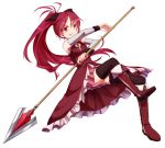  1girl bare_shoulders black_legwear boots detached_sleeves long_hair looking_at_viewer magical_girl mahou_shoujo_madoka_magica momobosi polearm ponytail red_eyes redhead sakura_kyouko simple_background smile solo spear thigh-highs weapon white_background zettai_ryouiki 