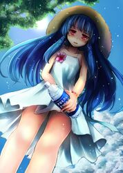  1girl alternate_costume blue_hair bottle brand_name_imitation dress from_below hat highres hinanawi_tenshi looking_at_viewer looking_down red_eyes standing straw_hat sun t.m_(aqua6233) touhou tree_shade water_bottle white_dress 