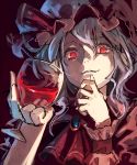  1girl alcohol ascot azuki_(azuki-taste) cup cupping_glass face grin hat hat_ribbon highres jewelry looking_down mob_cap portrait puffy_sleeves purple_hair red_eyes remilia_scarlet ribbon short_hair short_sleeves smile solo touhou wine wine_glass wrist_cuffs 