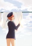  1girl bangs blue_dress blue_sky blunt_bangs brown_hair clothesline dress from_behind hat kagari_(kgr_000) kantai_collection laundry looking_at_viewer looking_back sailor_collar sailor_dress sailor_hat short_hair sky solo z3_max_schultz_(kantai_collection) 
