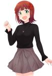  1girl :d amami_haruka breasts brown_hair green_eyes hair_ribbon heart idolmaster jewelry long_sleeves necklace open_mouth ribbon short_hair skirt smile solo sweater tsurui turtleneck 