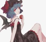  1girl :p alternate_costume apple bat_wings black_dress blue_hair dress food fruit hat hillly_(maiwetea) holding looking_at_viewer mob_cap red_eyes remilia_scarlet short_hair simple_background sitting sketch solo tagme tongue tongue_out touhou white_background wings 