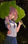  1girl 2014 badge dated hair_bobbles hair_ornament kantai_collection leaf leaf_umbrella pink_eyes pink_hair rain sazanami_(kantai_collection) school_uniform serafuku short_hair short_twintails skirt solo toro twintails 