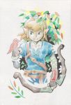  1boy bird blonde_hair blue_eyes bow_(weapon) fingerless_gloves gloves graphite_(medium) link male oda_takashi pointy_ears solo the_legend_of_zelda traditional_media watercolor_(medium) weapon zelda_wii_u 