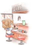  1girl blush_stickers brown_eyes brown_hair chibi chopsticks commentary_request counter eating folded_ponytail food fujishima_shinnosuke inazuma_(kantai_collection) kantai_collection noodles pitcher ramen sitting stool translated 
