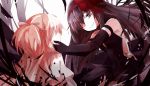  2girls akemi_homura akuma_homura bare_shoulders black_gloves black_hair bow choker dress elbow_gloves gloves goddess_madoka hair_bow hand_on_another&#039;s_cheek hand_on_another&#039;s_face highres kaname_madoka long_hair looking_at_another mahou_shoujo_madoka_magica mahou_shoujo_madoka_magica_movie multiple_girls nishigyou_teraa pink_hair smile spoilers two_side_up violet_eyes white_dress 