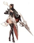 1girl armor black_hair boots breasts cape cleavage elbow_gloves gloves hair_ornament kyoung_hwan_kim original pointy_ears polearm skirt solo spear thigh-highs weapon white_background 