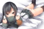  1girl arm_warmers asashio_(kantai_collection) ass black_hair black_legwear blue_eyes covering_mouth grey_skirt kantai_collection long_hair lying mizushina_minato on_bed on_stomach panties pillow pillow_hug pleated_skirt school_uniform skirt solo suspenders thigh-highs underwear white_panties 