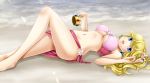  1girl beach blonde_hair blue_eyes breasts crown earrings hair_ornament highres jewelry legs long_hair lying navel nintendo on_back ponytail princess_peach sarong smile solo super_mario_bros. toad under_boob water yuino_(fancy_party) 