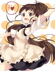  1girl apron brown_eyes brown_hair heart long_hair nuira open_mouth ponytail smile solo spoken_heart taneshima_popura very_long_hair waitress working!! 