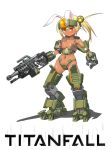  1girl animal_ears assault_rifle atlas_(titanfall) blonde_hair dark_skin gauntlets geworin gun mecha_musume rabbit_ears rifle small_breasts solo titanfall weapon 