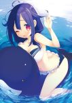  1girl ahoge breasts kantai_collection looking_at_viewer namanie one_eye_closed open_mouth purple_hair red_eyes solo swimsuit tagme taigei_(kantai_collection) water whale 