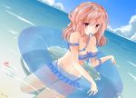  1girl aoi_(pixiv2498037) beach bikini breasts clouds frilled_bikini frills innertube ocean pink_eyes pink_hair saigyouji_yuyuko shell short_hair smile solo swimsuit touhou water 