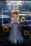  1girl blinds blonde_hair closed_eyes dappled_sunlight dress expressionless flower grass hairband hands_clasped kagamine_rin short_hair solo sunflower tang_elen vocaloid white_dress wind_chime 