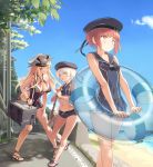  3girls adapted_costume beach beret bikini bismarck_(kantai_collection) blonde_hair blue_eyes blush bow breasts brown_eyes brown_hair casual_one-piece_swimsuit clothes_writing covered_navel cross frilled_swimsuit frills hat highres innertube kantai_collection large_breasts leaning_forward midriff military_hat multiple_girls navel no_socks one-piece_swimsuit peaked_cap sandals school_uniform serafuku short_shorts shorts small_breasts smile supertie swimsuit toes translated z1_leberecht_maass_(kantai_collection) z3_max_schultz_(kantai_collection) 