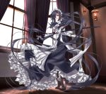  1girl absurdly_long_hair black_hair boots breasts curtains doa_(wabisabi) gloves highres katana lamp long_hair maid maid_headdress original red_eyes sheath solo sword unsheathing very_long_hair weapon white_gloves window wooden_floor 