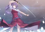  1girl bow hair_bow katana long_hair ponytail purple_hair rokuwata_tomoe solo sword touhou violet_eyes watatsuki_no_yorihime weapon 