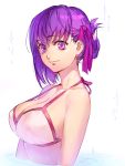  1girl alternate_hairstyle azusa_(hws) bare_shoulders bikini breasts bust collarbone fate/stay_night fate_(series) hair_up large_breasts matou_sakura partially_submerged purple_hair solo swimsuit violet_eyes water 