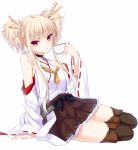  1girl aoki_hagane_no_arpeggio arm_support arpeggio_of_blue_steel bangs bare_shoulders blonde_hair blue_lipstick blunt_bangs brown_skirt choker cosplay cup detached_sleeves frilled_skirt frills hair_ornament kantai_collection kongou_(aoki_hagane_no_arpeggio) kongou_(kantai_collection) kongou_(kantai_collection)_(cosplay) lace lace-trimmed_thighhighs lipstick looking_at_viewer makeup namesake nontraditional_miko pleated_skirt red_eyes ribbon-trimmed_sleeves ribbon_trim sitting skirt solo teacup thigh-highs twintails white_background yaguo yokozuwari 