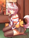  1girl absurdres animal_ears bare_shoulders black_legwear blush breasts chocolate chus collarbone detached_sleeves hat highres inubashiri_momiji looking_at_viewer red_eyes short_hair silver_hair sitting smile solo tail tokin_hat tongue tongue_out touhou wariza wolf_ears wolf_tail 