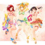  3girls \m/ arms_up ayase_eli bandeau bikini black_hair blonde_hair blue_eyes bow breasts double_\m/ earrings flat_chest flower grin hair_flower hair_ornament jewelry leg_up love_live!_school_idol_project multiple_girls murakami_yuichi navel necklace nishikino_maki one_eye_closed red_eyes redhead sandals sarong small_breasts smile striped striped_bikini striped_swimsuit swimsuit toenail_polish twintails violet_eyes yazawa_nico 
