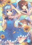  &gt;_&lt; 3girls blue_hair bow brown_eyes brown_hair camera cirno double_v flower hair_bow hat himekaidou_hatate ice ice_wings leg_lift mary_janes multiple_girls petals photo_(object) pjrmhm_coa shameimaru_aya shoes sunflower tokin_hat touhou v wings 