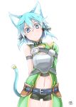  1girl animal_ears aqua_eyes aqua_hair ariyoshi_gen armor arms_behind_back bare_shoulders blush breasts cat_ears cat_tail cleavage looking_at_viewer midriff navel shinon_(sao) shinon_(sao-alo) short_hair solo sword_art_online tail 