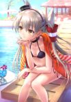  1girl amatsukaze_(kantai_collection) bikini black_bikini brown_eyes chin_rest choker collarbone glass goto_p hair_ornament hairband hat jacket_on_shoulders kantai_collection leaning_forward long_hair looking_away mini_top_hat navel parted_lips poolside side-tie_bikini silver_hair sitting small_breasts solo swimsuit top_hat twintails two_side_up very_long_hair 