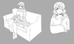  2girls ayase_eli bandage_over_one_eye broken_arm couch grey_background injury lap_pillow long_hair love_live! love_live!_school_idol_project low_twintails multiple_girls off-shoulder_sweater one_eye_covered pas_(paxiti) ponytail scrunchie sitting sketch smile time_paradox toujou_nozomi twintails younger 