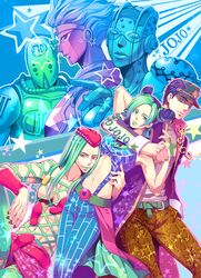  2girls 4boys aqua blue diver_down_(stand) green highres jojo_no_kimyou_na_bouken kuujou_jolyne kuujou_joutarou multiple_boys multiple_girls narciso_anasui natsu_(pixiv312174) purple stand_(jojo) star_platinum stone_free 