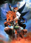  2boys 2girls 90s animal_ears armor armored_dress armpits beard beret brown_hair capcom cat_ears dai-chan detached_sleeves facial_hair greaves hat leo_(warzard) lion mane mask monster_boy mukuro multiple_boys multiple_girls muscle ninja official_art oil_painting_(medium) redhead scan snout spikes standing_on_one_leg sword tabasa tao_(warzard) warzard weapon witch witch_hat 
