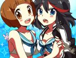  2girls aosa_(michikusakan) bikini_top black_hair blue_eyes blush breasts brown_eyes brown_hair cleavage holding_hands jacket kill_la_kill letterman_jacket mankanshoku_mako matoi_ryuuko multicolored_hair multiple_girls rabbit short_hair smile streaked_hair 