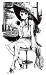  1girl :t akko_kagari apple bird boots broom dress eating food fruit hat little_witch_academia long_hair monochrome sitting solo usisan witch witch_hat 