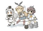  3girls :&gt; :3 ahoge anklet armpits barefoot blonde_hair brown_eyes brown_hair chibi closed_eyes elbow_gloves gloves hair_ribbon headgear horns jewelry kantai_collection machinery midriff monster multiple_girls navel northern_ocean_hime open_mouth red_eyes rensouhou-chan ribbon rope_train shimakaze_(kantai_collection) shinkaisei-kan striped striped_legwear thigh-highs turret white_hair yuasan yukikaze_(kantai_collection) 