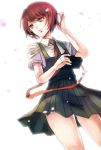  1girl camera checkered_necktie dangan_ronpa freckles green_eyes koizumi_mahiru necktie petals redhead school_uniform short_hair solo super_dangan_ronpa_2 white_background z-epto_(chat-noir86) 