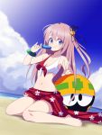  ball beach beachball bell blue_eyes clouds cloudy_sky front-tie_top hair_ornament hibiki_(store) highres jingle_bell kitagawa_hibiki kuruwaba metool nail_polish peace_symbol popsicle pose rockman sand sarong sky smile swimsuit 