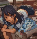  1girl ahoge black_eyes black_hair kantai_collection long_hair lying on_stomach open_mouth school_uniform serafuku skirt solo toro ushio_(kantai_collection) 