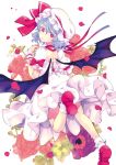  1girl bat_wings blue_hair bow flower from_behind hat hat_bow looking_back open_back petals red_eyes remilia_scarlet rose sash solo takitarou touhou wings wrist_cuffs 