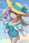  1girl barefoot beach breasts brown_hair cleavage frilled_swimsuit frills gou_(ga673899) hand_on_headwear hat jacket jewelry leg_up long_hair looking_up love_live!_school_idol_project minami_kotori necklace smile solo standing_on_one_leg straw_hat sun_hat swimsuit water yellow_eyes 