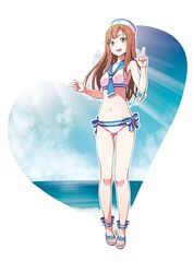  1girl brown_eyes brown_hair hat heart highres idolmaster idolmaster_cinderella_girls kabayaki_unagi long_hair looking_at_viewer mizumoto_yukari navel ocean open_mouth sailor_swimsuit_(idolmaster) sandals smile solo swimsuit v 