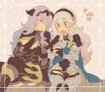  2girls aisutabetao armor black_armor blush breasts camilla_(fire_emblem_if) cape cleavage female_my_unit_(fire_emblem_if) fire_emblem fire_emblem_if hair_over_one_eye hairband large_breasts lips long_hair multiple_girls my_unit_(fire_emblem_if) pointy_ears purple_hair red_eyes smile tiara very_long_hair violet_eyes wavy_hair white_hair 