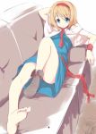  1girl alice_margatroid arm_up bare_legs barefoot blonde_hair blue_eyes blush capelet feet hairband looking_at_viewer lying nirap open_mouth sample short_hair single_shoe solo touhou wristband 