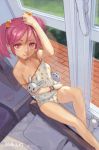  1girl camisole hair_bobbles hair_ornament kantai_collection looking_at_viewer panties pink_eyes pink_hair print_panties rabbit sazanami_(kantai_collection) short_hair sitting solo strap_slip strawberry_panties strawberry_print toro twintails underwear underwear_only window 