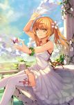  1girl arm_up butterfly dress kaku-san-sei_million_arthur long_hair open_mouth orange_hair original smile solo thigh-highs twintails weiyinji_xsk white_legwear yellow_eyes 