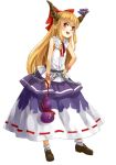  1girl ascot blonde_hair bobby_socks bottle bow chain fangs full_body hair_bow hair_ornament hair_ribbon hand_on_hip highres horn_bow horn_ribbon horns ibuki_suika loafers long_hair looking_at_viewer nishiuri open_mouth pointy_ears red_bow red_eyes ribbon ribbon-trimmed_skirt sake_bottle shirt shoes simple_background skirt sleeveless smile socks solo standing touhou very_long_hair white_background white_legwear wrist_cuffs 