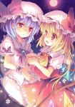  2girls :d :o blonde_hair blush bow cup demon_wings dress flandre_scarlet hat hat_bow holding_cup lavender_hair mob_cap moon multiple_girls night night_sky open_mouth red_eyes red_moon reia remilia_scarlet siblings sisters sky smile star_(sky) starry_sky tea teacup touhou wings 