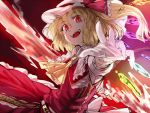  1girl adapted_costume alternate_costume ascot blonde_hair crystal fangs flandre_scarlet geppewi hat hat_ribbon laevatein looking_at_viewer mob_cap open_mouth outstretched_arm ponytail puffy_sleeves red_eyes ribbon shirt short_hair short_sleeves side_ponytail skirt skirt_set smile solo touhou vest wings 