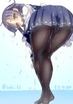  1girl ahoge bent_over black_legwear blush breasts hair_ornament kantai_collection leaning_forward long_hair looking_at_viewer low_twintails pantyhose purple_hair red_eyes saki_chisuzu school_uniform skirt solo taigei_(kantai_collection) twintails wet wet_clothes 
